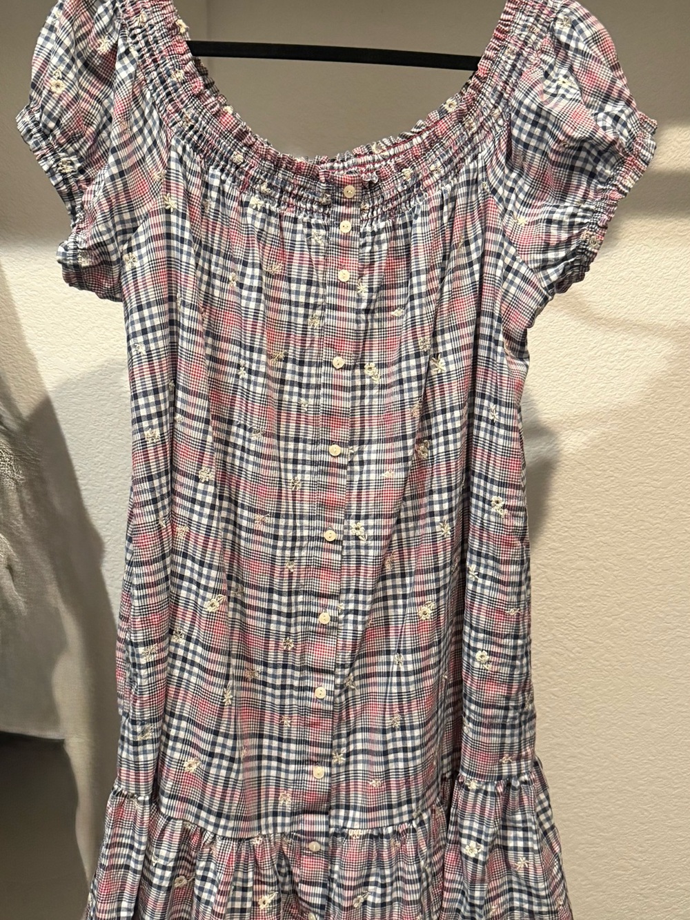 Off the Shoulder Button-Front Plaid Sundress in Navy & Red
